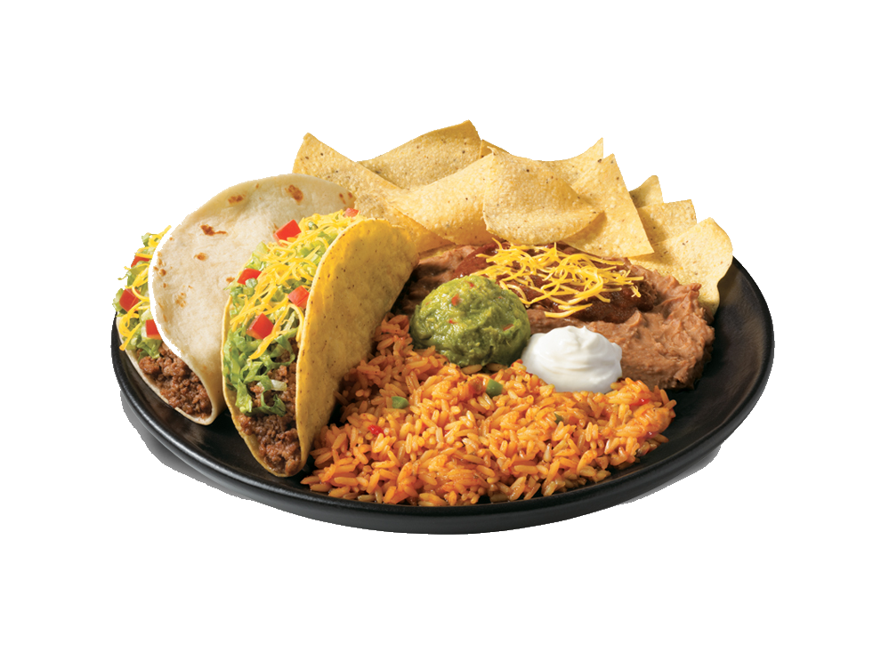 Taco platter with rice, beans and chips